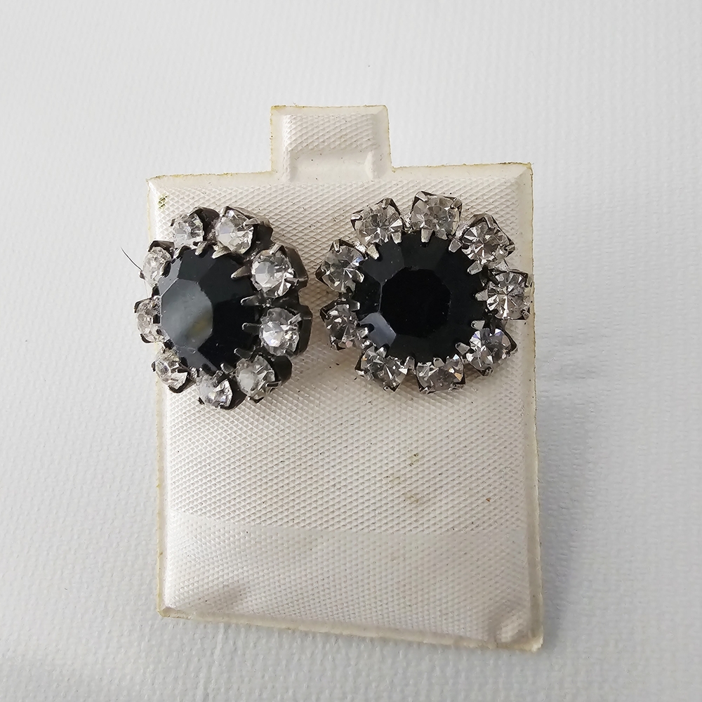 Vintage Elegant Faceted Black Stone and Silver Stud Earrings